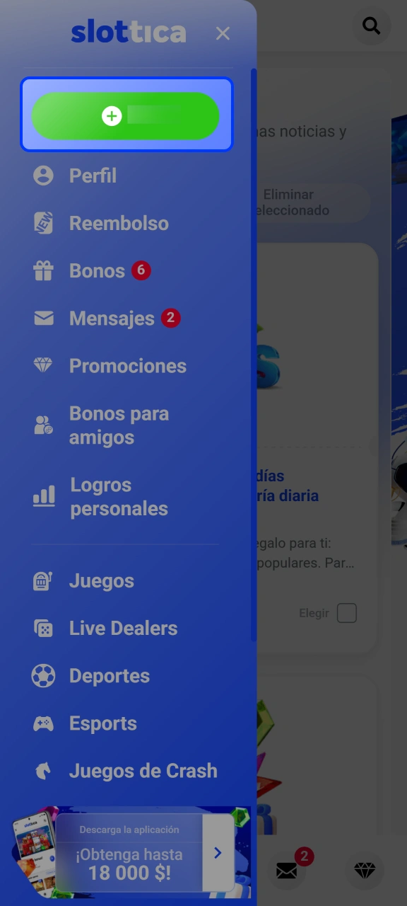 Pulsa la opción del monedero virtual en la aplicación Slottica.