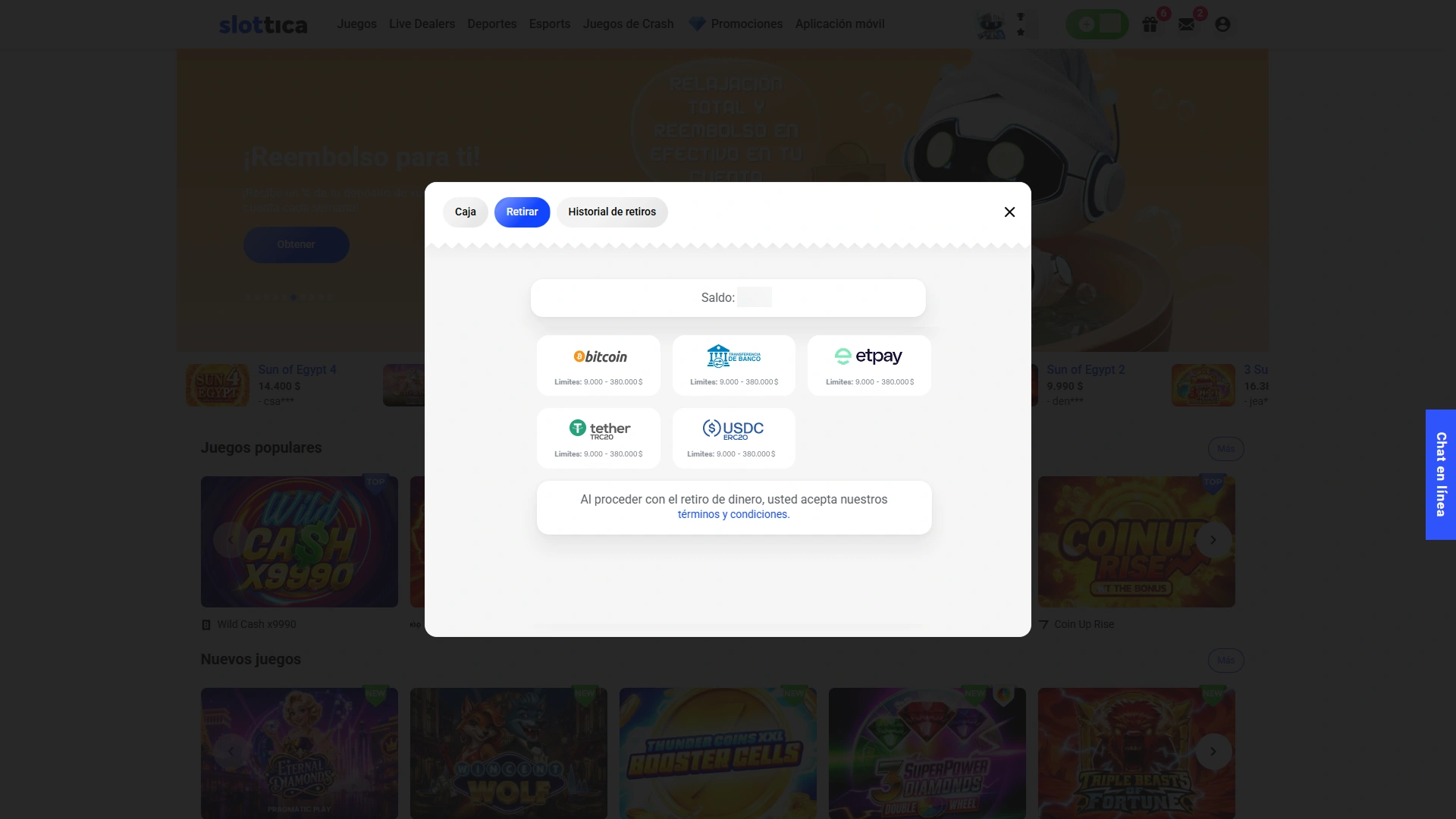 Selecciona la vía bancaria para enviar tus fondos desde Slottica.