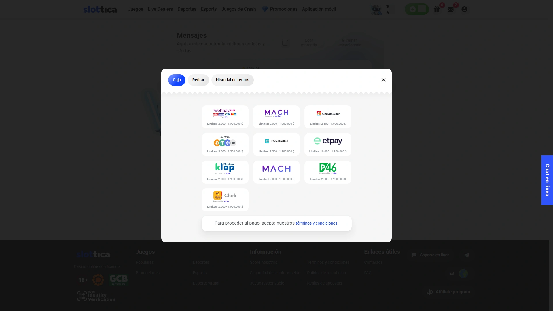 Selecciona tu sistema de depósito o transferencia favorito dentro de Slottica.